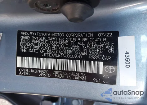 2022 Toyota Corolla Hybrid Le из США, поврежденный, VIN JTDEAMDE1NJ060970